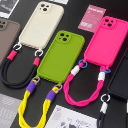 Cell Phone Cases Ins Korean Candy Colour Anti Loss Soft Silicone Hand Strap Phone Case Suitable for iPhone 15 14 13 11 Pro Max Plus+Lens Protection Cover J240426