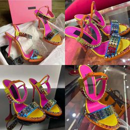 Spring and Autumn Fashion Women Sandals Bowknot Crystal Ankle Strap Heel Shoes Round Head Slim High Wedding Celebration Dance Design Shoe Factory Original Quality