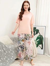 ملابس النوم للسيدات بالإضافة إلى حجم S-XXXL Viscose Women Pajamas مجموعة تي شيرت سروال عريض الساق Pijama Mujer Female Suit Love Home Home Wearwear Y240426