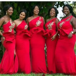 NEW Red One Shoulder Mermaid African Dresses Ruffles Waist Appliques Beaded Gold Bridesmaid Dress Plus Size Wedding Guest Gown 2024