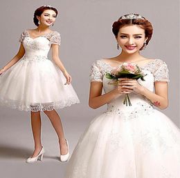 Ivory Kneelength Vneck Ball Gown Tulle Short Sleeves Princess Custom Made Beach Wedding Dress Applique Beadings Short Dresses7639962