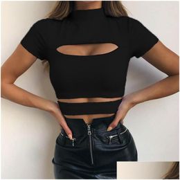 Women'S T-Shirt Womens Summer Crop Top Women Solid Black Green Tops Hollow Out Clothing Casual Tee Ladies Shirts Drop Delivery Apparel Dhtlw