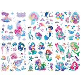 Tattoo Transfer 6PCS Cartoon Glitter Tattoos Waterproof Mermaid Unicorn Sparkly Rainbow Tattoo Sticker for Kids Birthday Party Favors Decor 240427