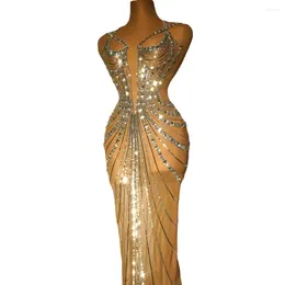 Stage Wear Sparkly Rhinestones Sequins Long Dress For Women Sexy See Through Evening Party Birthday Po Shoot Performance Costume