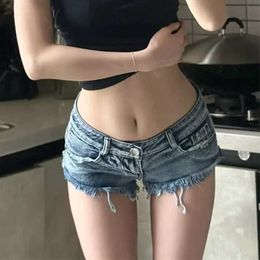 Women's Shorts 2024 Summer New Women Washed Blue Sexy Low Rise Ultra Short Denim Shorts Triangle Raw Shorts Female Jeans Y240425