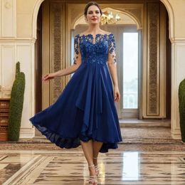 Length Mother The Of Bride Tea Chiffon Elegant Dresses Lace Appliques Half Sleeves Dark Navy A Line Wedding Guest Dress For Women 2024 Plus Size Groom Mom