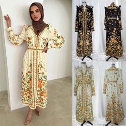 Ethnic Clothing 2024 Summer Women Vintage Floral Print Dress Long Sleeve Muslim Midi Shirt Chic Casual Slim V-Neck Islamic Vestidos Mujer