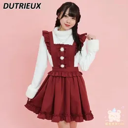 Casual Dresses Jsk SC Autumn And Winter Sweet Lolita Cute Fur Ball Bow Christmas Style Year Red Velvet Strap Dress For Women