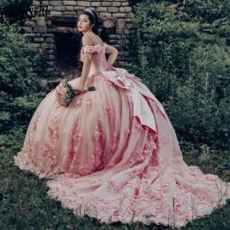 Pink 3D Floral Lace Quinceanera Dresses Ball Gown Off The Shoulder Bow Sweet 15 Vestidos De XV Anos