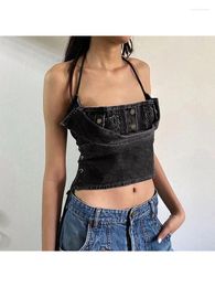 Women's Tanks Woman Tight Bodycon Corset Denim Top Bustier Square Neck Crochet Backless Solid Colour Camisole Patchwork Tank Y2K