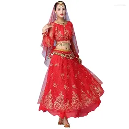Stage Wear Women Dance Sari Belly Adult Bollywood Dress Costume Outfit Performance Clothes Chiffon Long Sleeve Top Belt Skirt