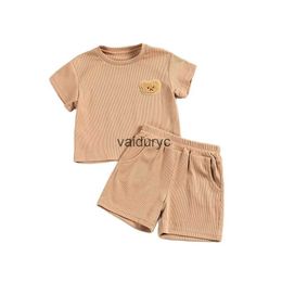 Clothing Sets Summer Leisure Sports Suit Boys and Girls Little Bear Embroidered Short Sleeves+Elastic Waist Shorts 2pcs Kids Clothes H240429