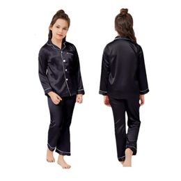 Wholesale Pyjamas Little Kids Boys Girls Satin Silk Black Sleepwear Set Button-Down Satin Clothes Long Sleeve Loungewear D65 240410