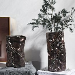 Vases Creative Metal Glaze Texture Ceramic Vase Modern Flower Arrangements Gardening Home Living Room Bedroom Office Decoration 1Pc