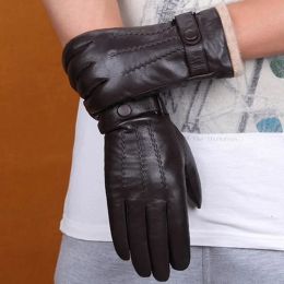Men's Genuine Leather Gloves Real Sheepskin Black Thickening Fur Gloves Button Fashion Brand Winter Warm Mittens New