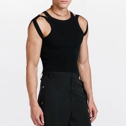 Shirts Fashion Streetwear Men Summer Sleeveless Solid Tank Tops Solid O Neck Hollow Out Knitted Vest Sexy Mens Popular O Neck Pullovers