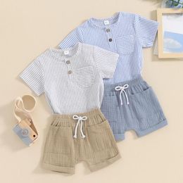 Clothing Sets Summer Infant Baby Boys Shorts Tracksuits Casual Short Sleeve Button Striped Tops And Drawstring