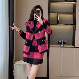 Two Piece Dress Women's Autumn And Winter Small Fragrance Short Plaid Woollen Suit Skirt Set Retro Casual Checked Two-piece