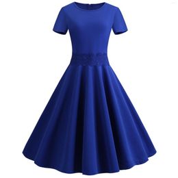 Casual Dresses Summer Fashion Amazon Retro Short Sleeve Round Neck Sexy Solid Colour Wide Hem Dress Trendy Women