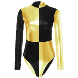 Stage Wear Womens Metallic Bodysuit Color Block Long Sleeve Leotard Shiny Mock Neck Catsuit Invisible Zipper Back Clubwear