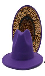 New Purple and Leopard Print Patchwork Dresses Cowboy Jazz Fedora Hats Big Brim Women Men Panama 2 Tone Gambler Party Hat8308782