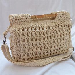 Totes Vintage Bamboo Handle Straw Handbags Casual Paper Woven Women Shoulder Crossbody Bags Handmade Summer Beach Bag Small Tote Purse