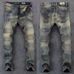 Men's Jeans New Vintage Fashion Mens Jeans Vintage Wash Elastic Slim Fit Open Front Jeans Italian Style Designer Casual Jeans HombreL244