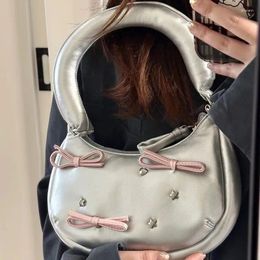 Evening Bags Fashion Retro Japanese Harajuku Style Silver PU Leather Cute Pink Bow Handbag Shoulder Women Bag Purse Tote