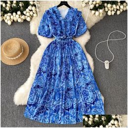 Basic Casual Dresses Chiffon Pleated Dress 2023 New Fashion Women V Neck Wood Ear Holiday Floral Print Short Sleeve Vintage Clothes Ve Dhckw