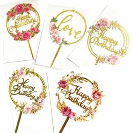 new Hot Sell Cake Topper Happy Birthday Anniversary Party Gold Silver Insert Acrylic Decoration Wedding Dessert Decor for Cake Topper