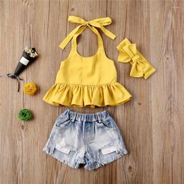 Clothing Sets 1-6years Baby Girls Summer 3pcs Yellow Sleeveless Tank Tops Denim Shorts Headband Outfits