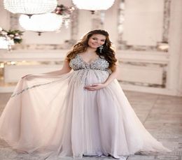 New Fashion Maternity A Line Prom Dresses Beaded Sequins Spaghetti Straps Floor Length Pleats Tulle Pregnant Formal Dress Evening 4001290