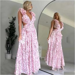 Basic Casual Dresses 2023 Summer New Holiday Print Long Dress Deep V Off Back Slim Fit Ruffle Floral Drop Delivery Apparel Womens Clot Dhoai