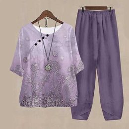 Pantaloni da due pezzi da donna a due pezzi set top vintage eleganti abiti femminili stampati stampati donne o collo corto slve tuge eleganti pantaloni in vita alta 2023 y240426