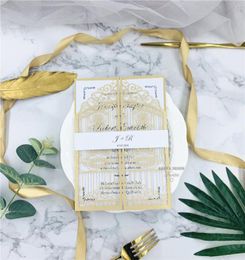 Pearl Gold Floral Laser Cut Wedding Invitations Printed Customized Insert And Belly Band Via UPS8496136