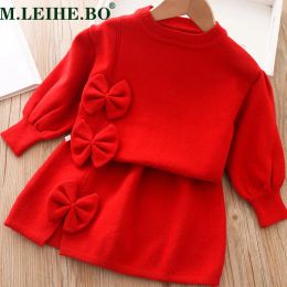 Care Baby Girl Clothes Warm Knitted Sweater Set Fall/winter Girl Bowknot Cute Sweater Girl Solid Colour Knitwear + Skirt 2piece Set
