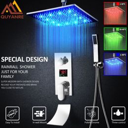 Quyanre 3 Function Digital Shower Faucets Set LED Rainfall Shower Head Waterfall Spout 3 way Digital Mixer Tap Bathroom Shower305m