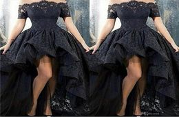 Black Lace High Low Prom Dresses Sexy Off Shoulder Arabic Design Ruched Formal Evening Gown Short Front Long Back Party Dress4425196