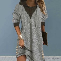 Basic Casual Dresses Patchwork Dress Lady Hooded Dress Stylish Fall Spring Dresses for Women Hooded Patchwork Designs with Long Sleeves Drawstring