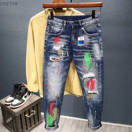 Men's Jeans Mens graffiti jeans fashionable spray paint tear holes personalized hip-hop street clothing mens clothing ultra-thin teenage denim Trojan horseL2404