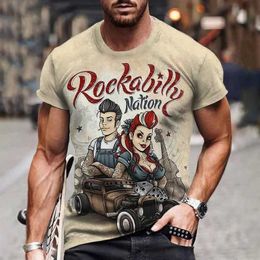 Men's T-Shirts Vintage Mens T-Shirt Crew Neck Pullover Short Slve Top Route 66 Biker Print Oversized Clothing Strt Casual T-Shirt For Men T240425