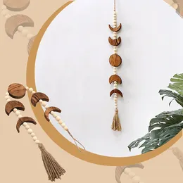 Decorative Figurines Wooden Moon Phase Wall Hanging Beaded With Tassel Boho Retro Home Art Decoration Vertical Pearl Garland