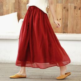 Skirts Women Spring Summer Double Layer Solid Color Elastic Waist Ladies Vintage Mercerized Cotton Skirt Female 2024