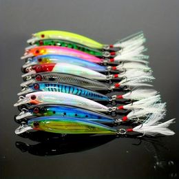 10pcs Larser Minnow Fishing Lures Set Catch Bass Faster with Feather Hook Artificial Bait Crankbait 9cm7g 240416