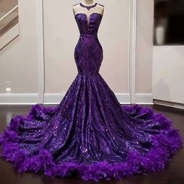 Feathers Mermaid For Purple Prom Black Girl Sequin Birthday Women Party Dresses 2024 Robes De Bal Evening Gowns 0222