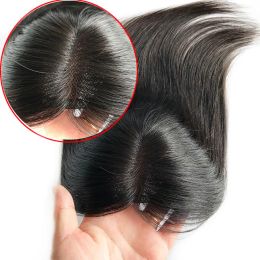 Toppers Soft Swiss Lace Base Human Hair Topper with 4 Clip Ins Hairpieces Hand Tied Breathable Black Lace Women Toupee