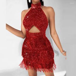 Casual Dresses Sexy Backless Shiny Sequin Club Party Dress Ladies Fashion Tassel Slim Mini 2024 Year Sleeveless Hollow Vestidos