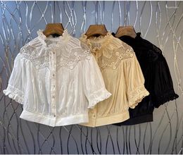 Women's Blouses Tops Fashion Designer 2024 Summer Sexy Crop Ladies Lace Embroidery Short Sleeve White Apricot Black Cotton Top