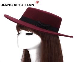 New Wool Boater Flat Top Hat For Women039s Felt Wide Brim Fedora Hat Laday Prok Pie Chapeu de Feltro Bowler Gambler Top8718903