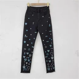 Women's Jeans For Women 2024 Autumn Elastic Slim Pencil Pants High Waist Fashion Rhinestone Diamond Skinny Y4083